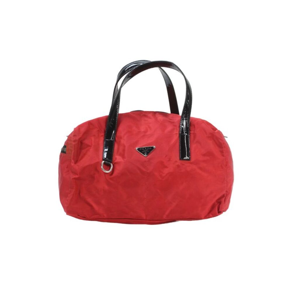 Prada Womens Nylon Zip Closure Top Handle Duffle Handbag Red Black